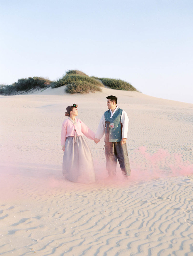 hanbok, santa barbara engagement session, sand dunes